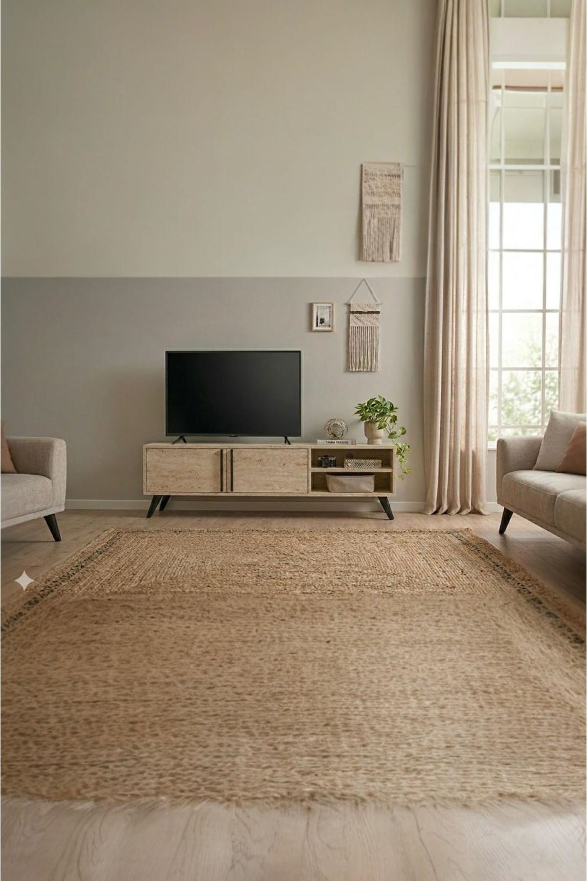 Tv Ünitesi 2 Kapaklı Raflı Dolaplı Tv Sehpası Traverten