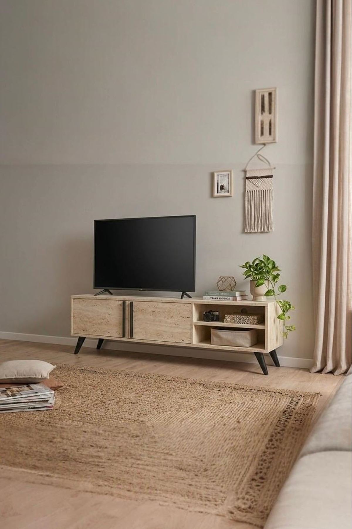 Tv Ünitesi 2 Kapaklı Raflı Dolaplı Tv Sehpası Traverten