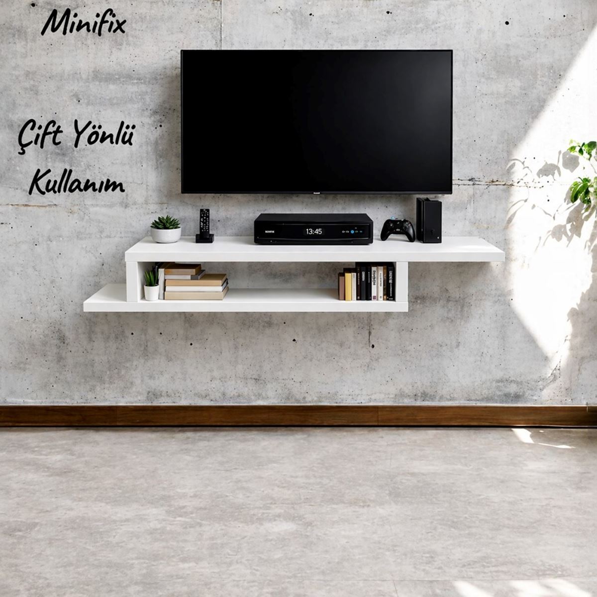 Dekoratif Raflı Duvar Tv Ünitesi  Z Raf Beyaz