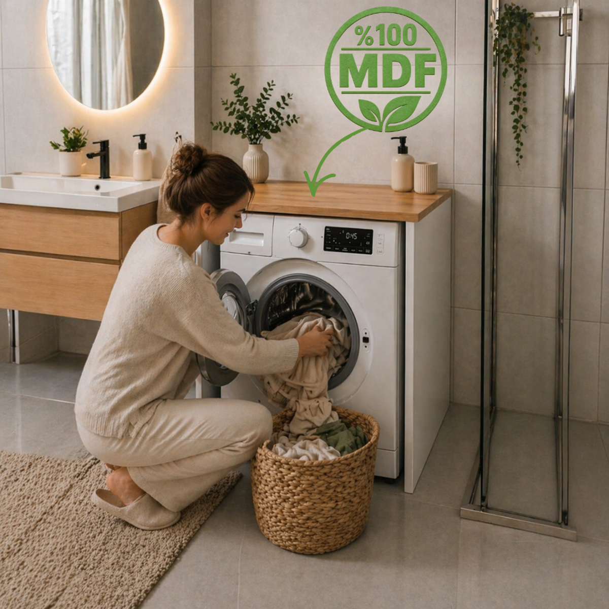 Çamaşır Makinesi Kapaksız Banyo Dolabı - Atlantik çam 
