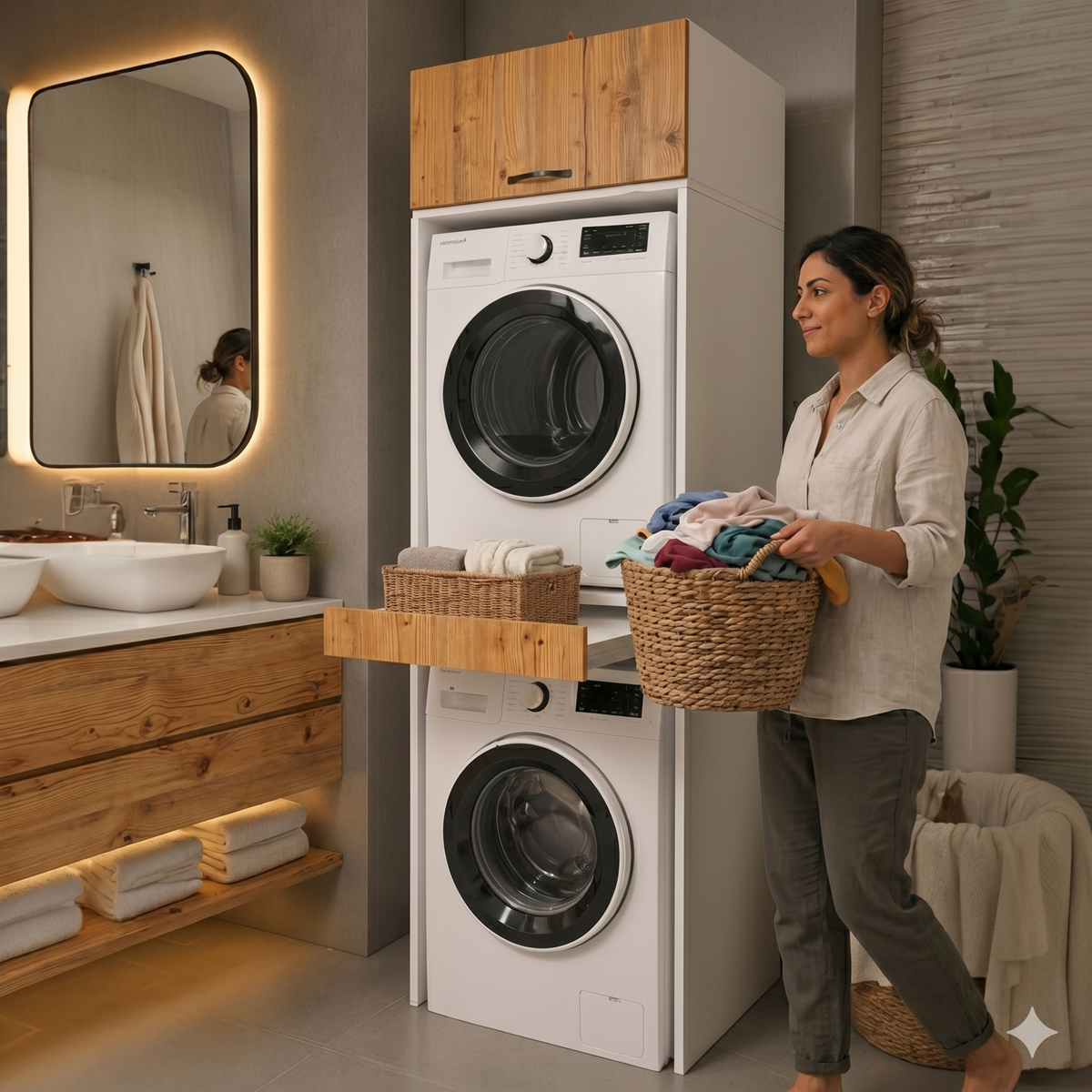 Çamaşır Ve Kurutma Makinesi Dolabı Çekmeceli Banyo Dolabı ATLANTIK ÇAM 