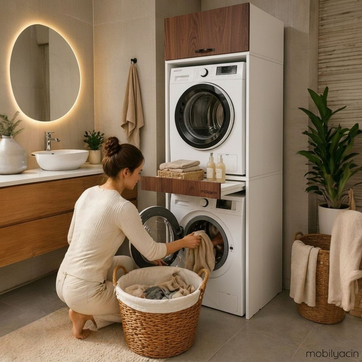 Çamaşır Ve Kurutma Makinesi Dolabı Çekmeceli Banyo Dolabı CEVİZ