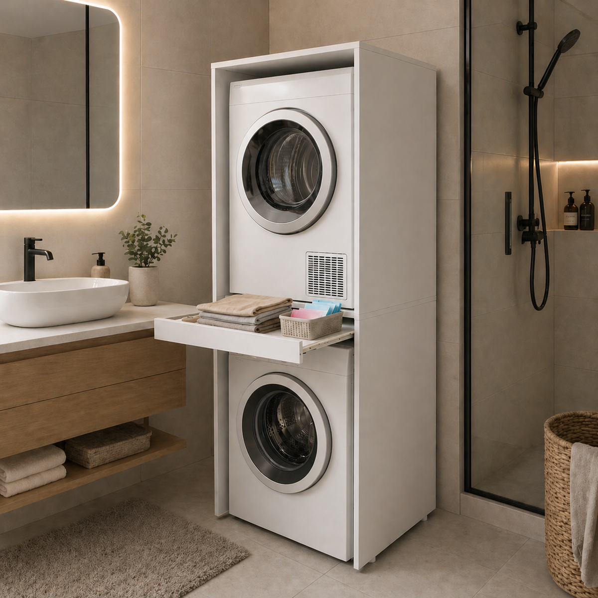 Çamaşır Ve Kurutma Makinesi Dolabı Çekmeceli Banyo Dolabı Beyaz