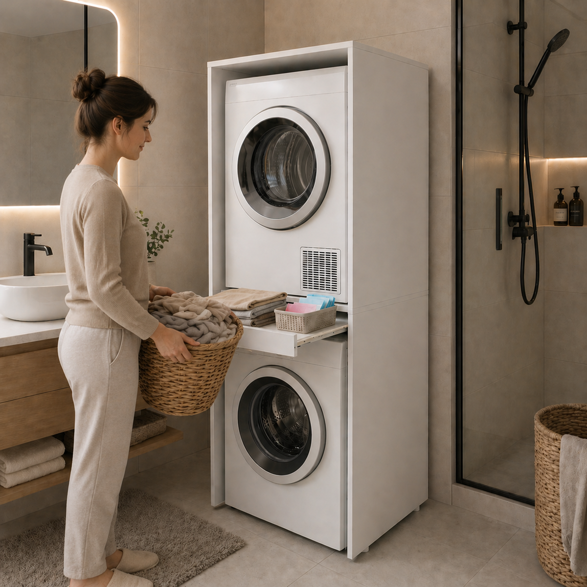 Çamaşır Ve Kurutma Makinesi Dolabı Çekmeceli Banyo Dolabı Beyaz