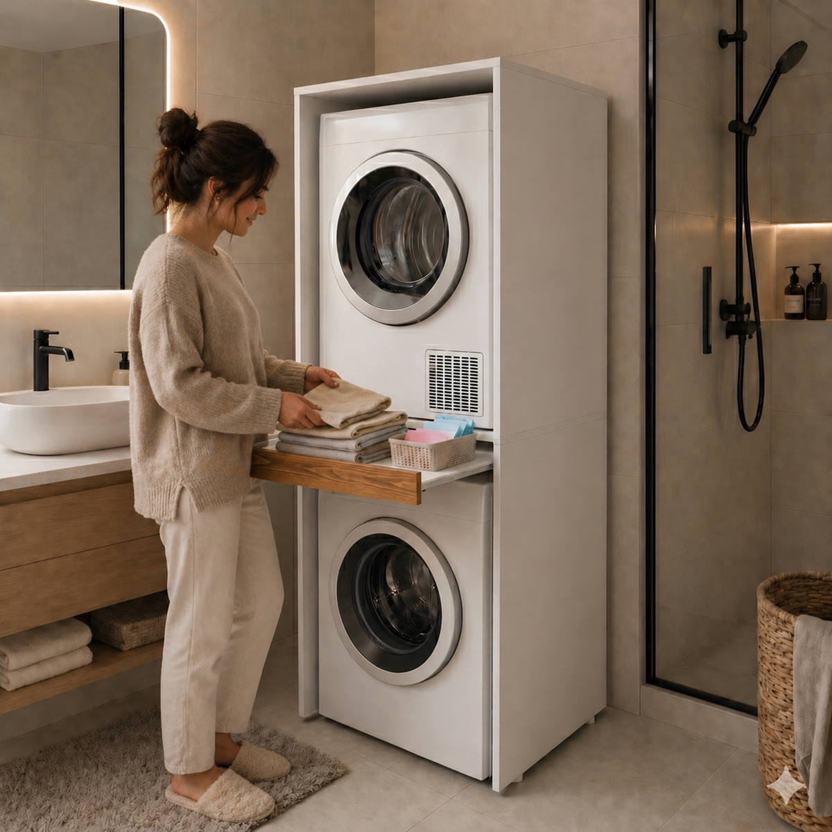 Çamaşır Ve Kurutma Makinesi Dolabı Kapaksız Çekmeceli Banyo Dolabı ATLANTIK ÇAM