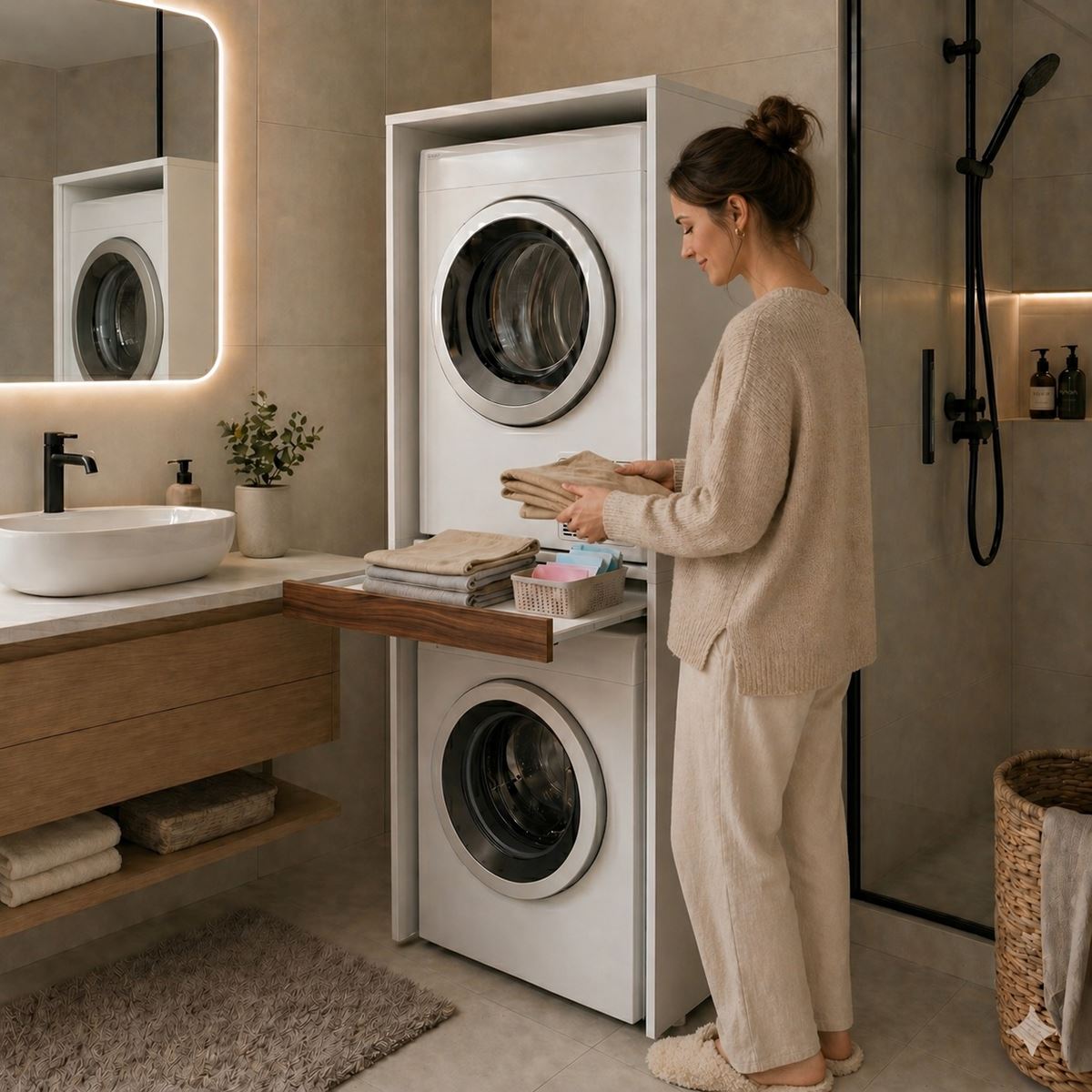 Çamaşır Ve Kurutma Makinesi Dolabı Kapaksız Çekmeceli Banyo Dolabı Ceviz