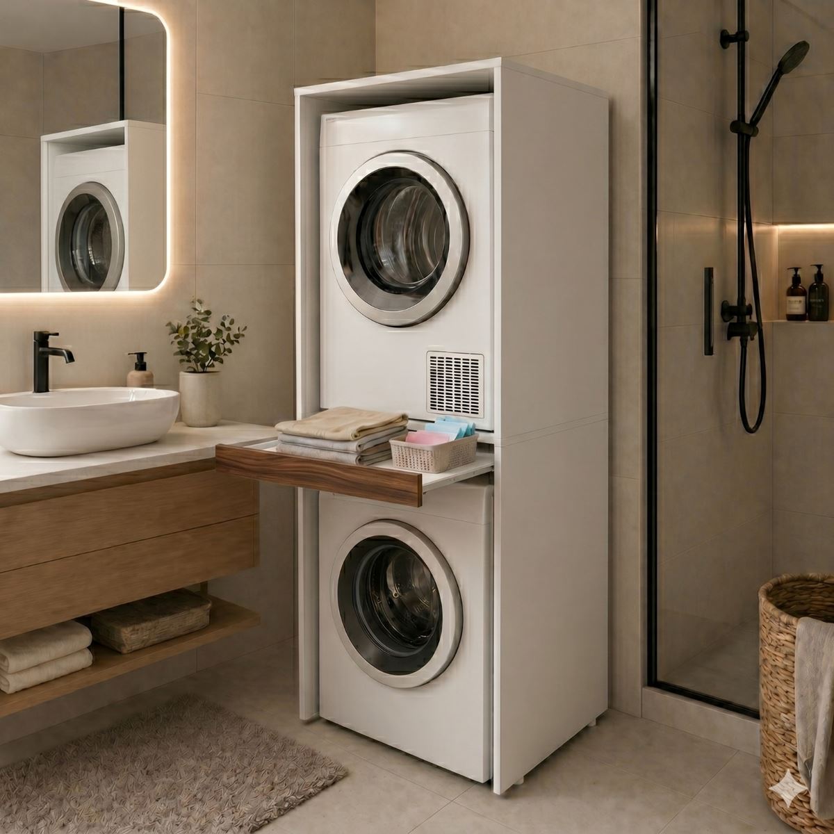 Çamaşır Ve Kurutma Makinesi Dolabı Kapaksız Çekmeceli Banyo Dolabı Ceviz