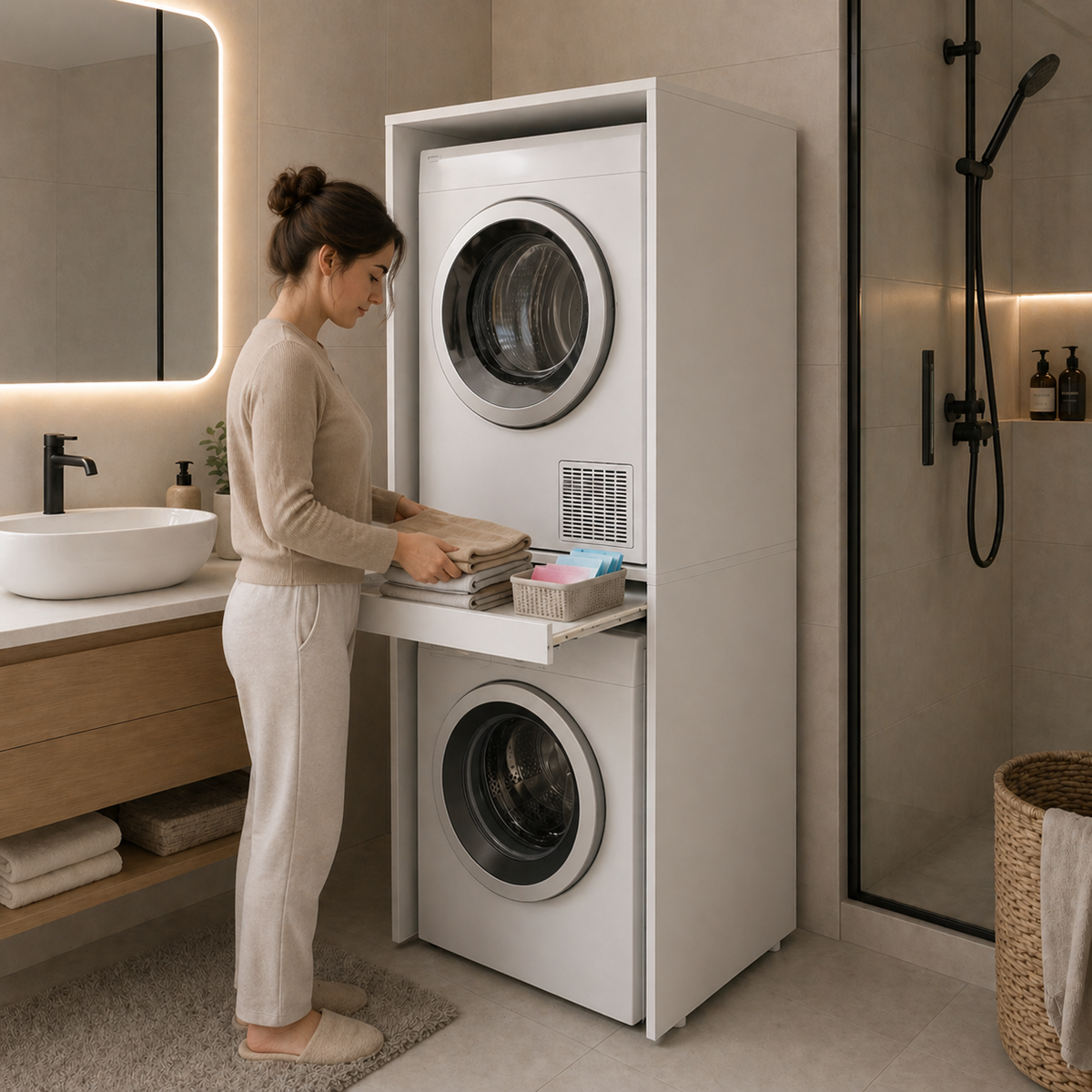 Çamaşır Ve Kurutma Makinesi Dolabı Kapaksız Çekmeceli Banyo Dolabı Beyaz