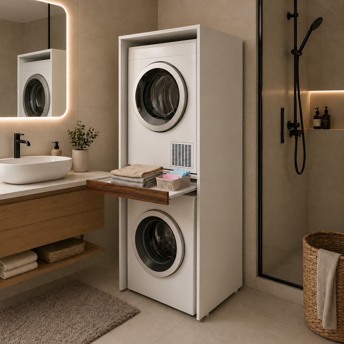 Çamaşır Ve Kurutma Makinesi Dolabı Kapaksız Çekmeceli Banyo Dolabı Ceviz