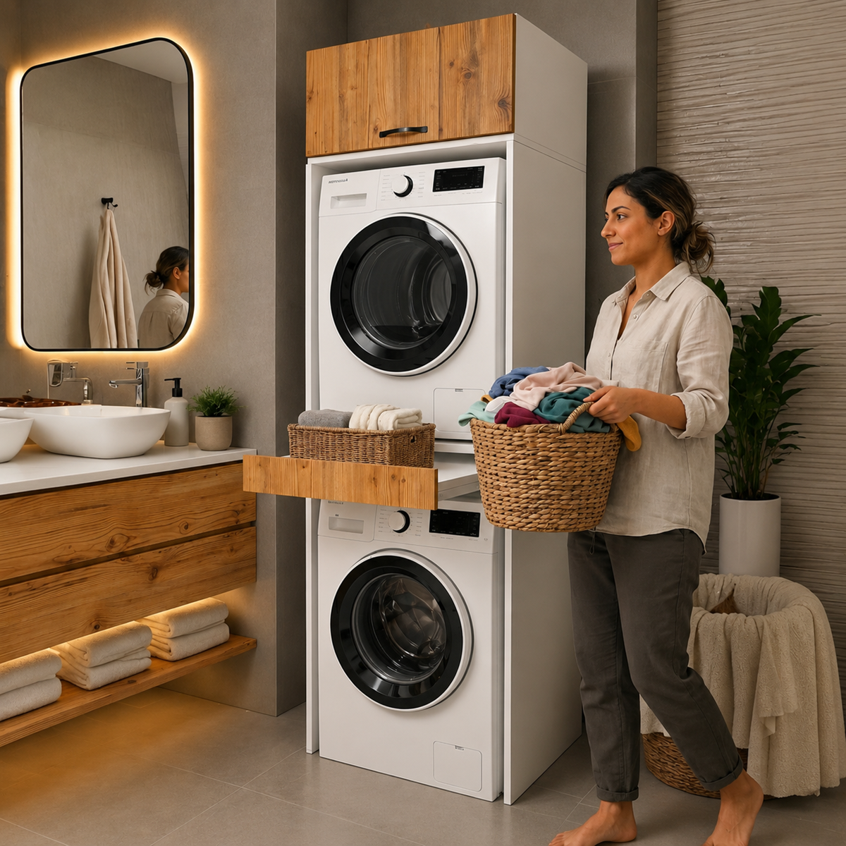 Çamaşır Ve Kurutma Makinesi Dolabı Çekmeceli Banyo Dolabı ATLANTIK ÇAM 