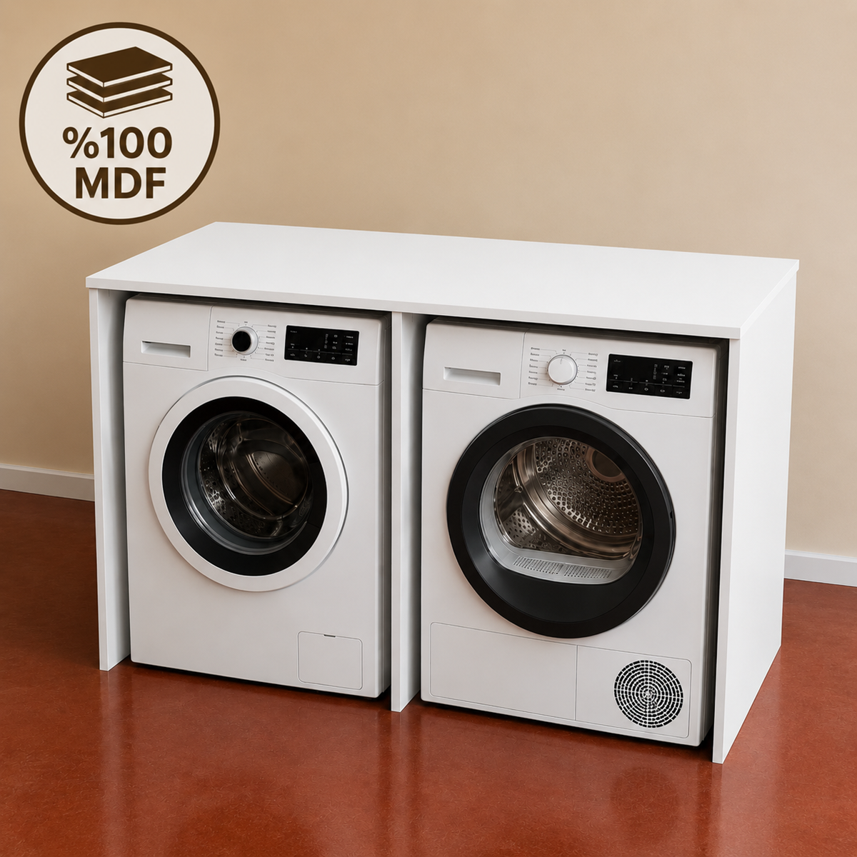 %100 MDF Çamaşır ve Kurutma Makinesi Dolabı – İkili Makine Ünitesi BEYAZ