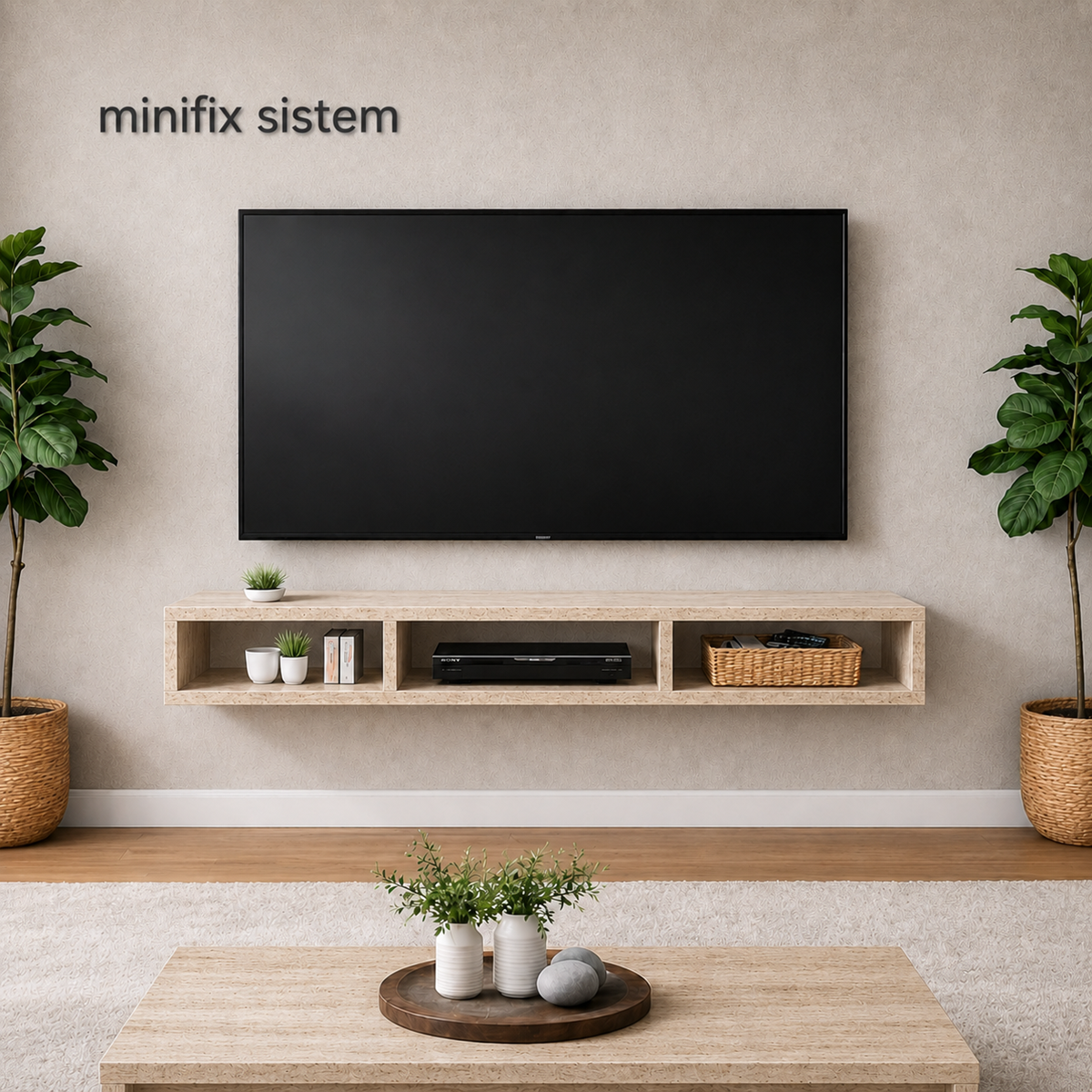Dekoratif Raflı Duvar Tv Ünitesi  Üç Bölmeli Traverten
