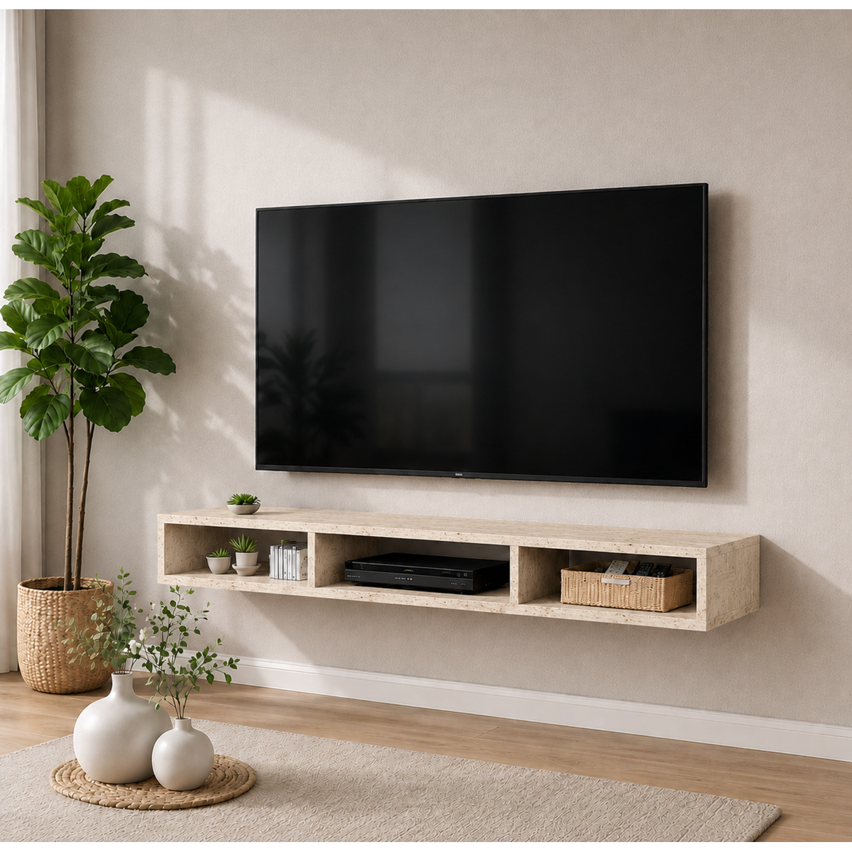 Dekoratif Raflı Duvar Tv Ünitesi  Üç Bölmeli Traverten