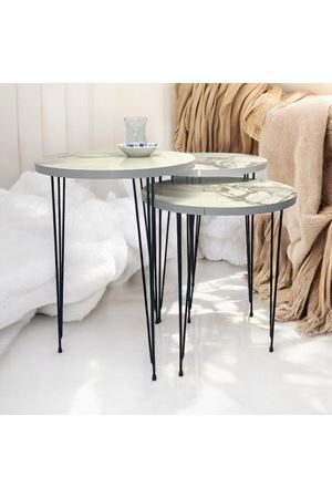 Zigon Sehpa 3'lü Yuvarlak Model Metal Tel Ayak (BEYAZ MERMER)