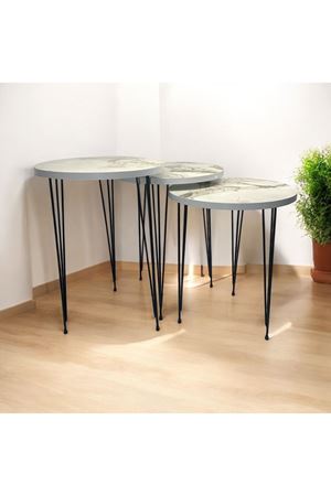 Zigon Sehpa 3'lü Yuvarlak Model Metal Tel Ayak (BEYAZ MERMER)