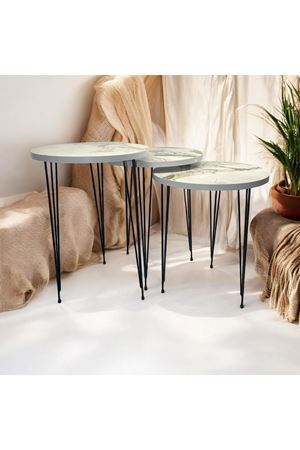 Zigon Sehpa 3'lü Yuvarlak Model Metal Tel Ayak (BEYAZ MERMER)