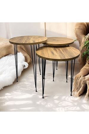 Zigon Sehpa 3'lü Yuvarlak Model Metal Tel Ayak ( ATLANTİK ÇAM)