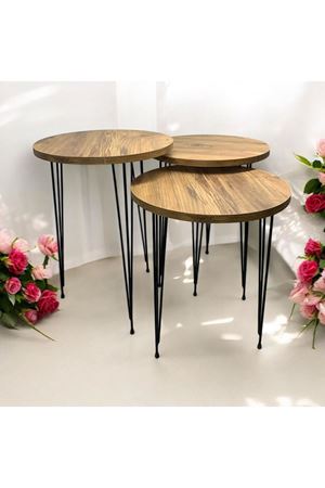 Zigon Sehpa 3'lü Yuvarlak Model Metal Tel Ayak ( ATLANTİK ÇAM)