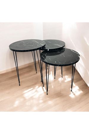 Zigon Sehpa 3'lü Yuvarlak Model Metal Tel Ayak ( SİYAH MERMER )