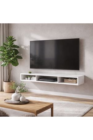 Dekoratif Raflı Duvar Tv Ünitesi  Üç Bölmeli Beyaz