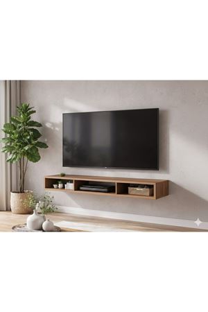 Dekoratif Raflı Duvar Tv Ünitesi Üç Bölmeli Atlantik Çam