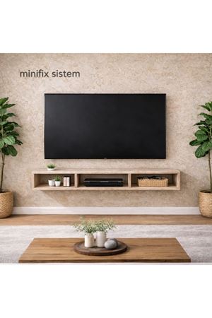 Dekoratif Raflı Duvar Tv Ünitesi  Üç Bölmeli Traverten
