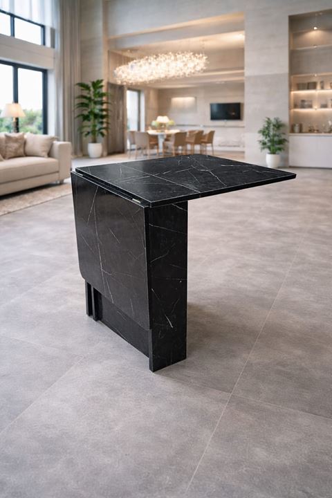 Demonte Pratik Açılır Kapanır Kanatlı Masa - Yemek Masası Siyah Mermer