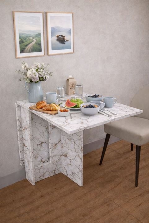 Demonte Pratik Açılır Kapanır Kanatlı Masa - Yemek Masası Beyaz Mermer