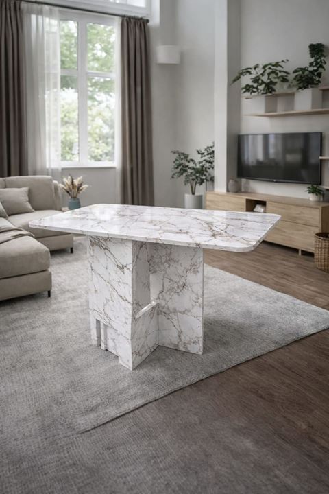 Demonte Pratik Açılır Kapanır Kanatlı Masa - Yemek Masası Beyaz Mermer