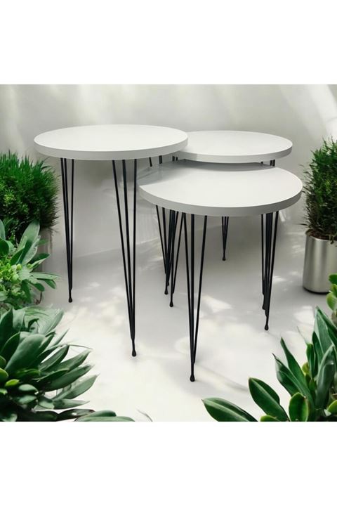 Zigon Sehpa 3'lü Yuvarlak Model Metal Tel Ayak ( BEYAZ )