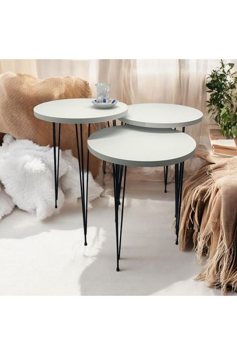 Zigon Sehpa 3'lü Yuvarlak Model Metal Tel Ayak ( BEYAZ )