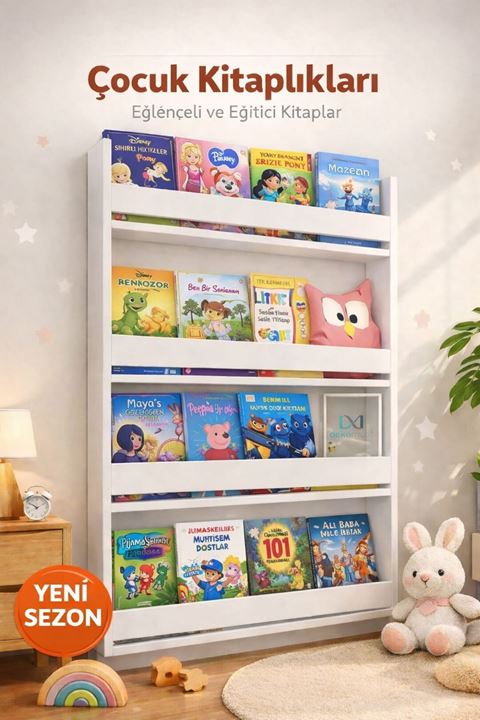 Çocuk Kitaplığı 4 Raflı Duvar Rafı Beyaz Kitaplık - Eğitici Tasarım
