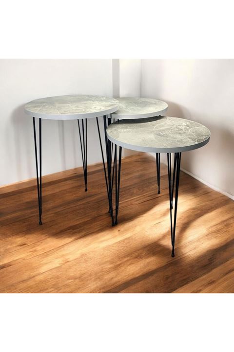 Zigon Sehpa 3'lü Yuvarlak Model Metal Tel Ayak ( BEYAZ MERMER)