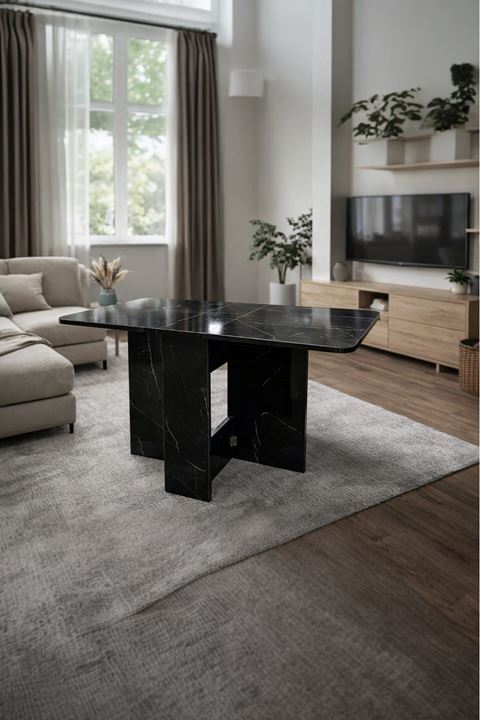 Demonte Pratik Açılır Kapanır Kanatlı Masa - Yemek Masası Siyah Mermer