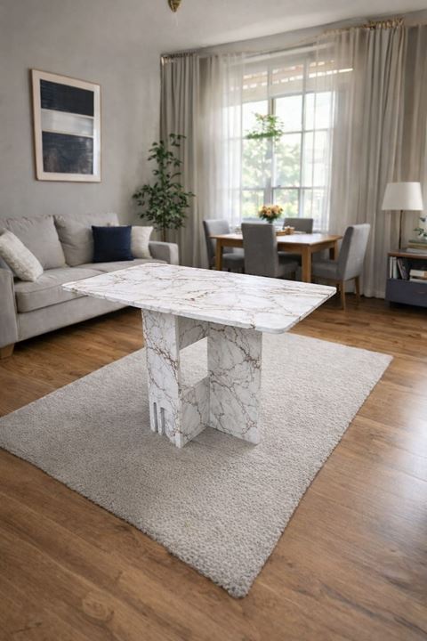 Demonte Pratik Açılır Kapanır Kanatlı Masa - Yemek Masası Beyaz Mermer