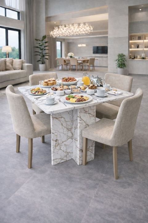 Demonte Pratik Açılır Kapanır Kanatlı Masa - Yemek Masası Beyaz Mermer