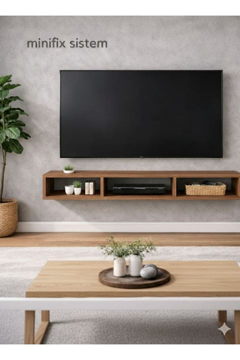 Dekoratif Raflı Duvar Tv Ünitesi Üç Bölmeli Atlantik Çam 90