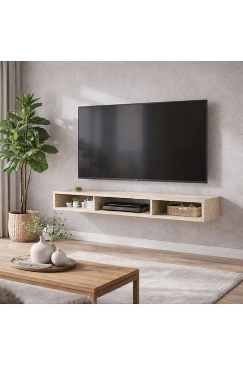Dekoratif Raflı Duvar Tv Ünitesi  Üç Bölmeli Traverten 90