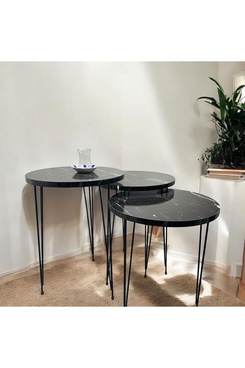 Zigon Sehpa 3'lü Yuvarlak Model Metal Tel Ayak ( SİYAH MERMER )