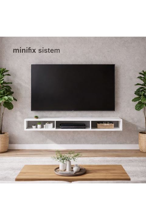 Dekoratif Raflı Duvar Tv Ünitesi  Üç Bölmeli Beyaz 150