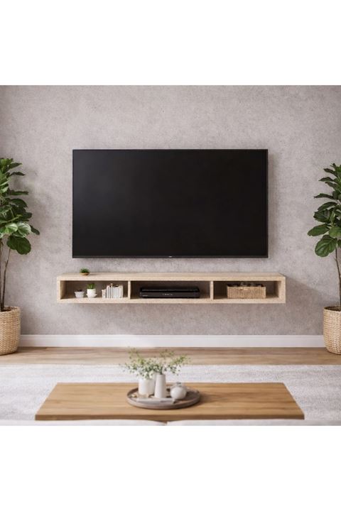 Dekoratif Raflı Duvar Tv Ünitesi  Üç Bölmeli Traverten 150