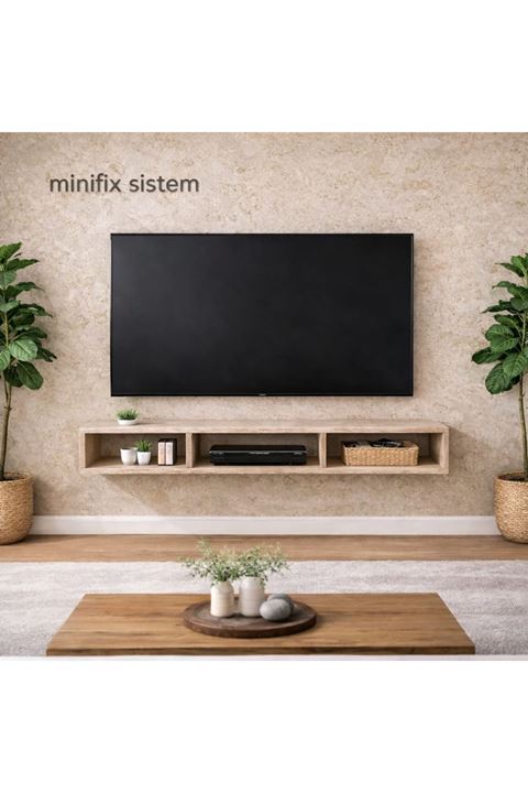 Dekoratif Raflı Duvar Tv Ünitesi  Üç Bölmeli Traverten 130