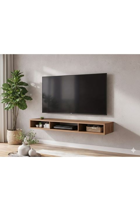 Dekoratif Raflı Duvar Tv Ünitesi Üç Bölmeli Atlantik Çam 130