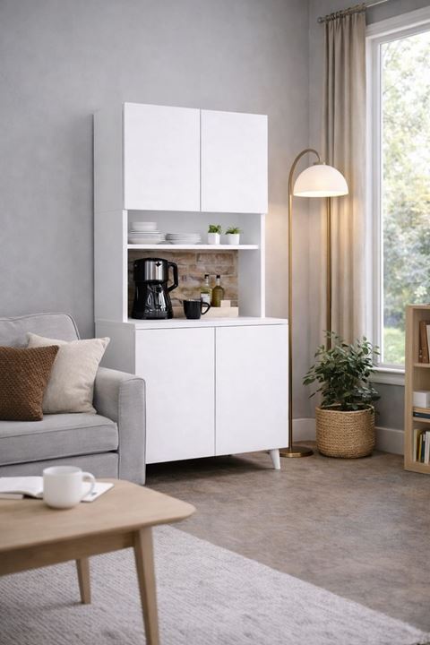  Yeni Nesil Çok Amaçlı Dolap 4 Kapaklı Kiler Mutfak Dolabı - Kahve Köşesi-Beyaz