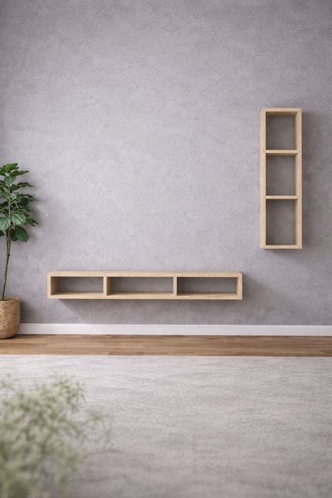 Dekoratif Duvar Rafı - Tv Ünitesi 2 Parçalı Traverten 90x90