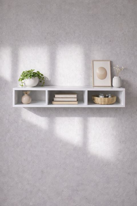 Dekoratif Raflı Duvar Tv Ünitesi  Üç Bölmeli Beyaz