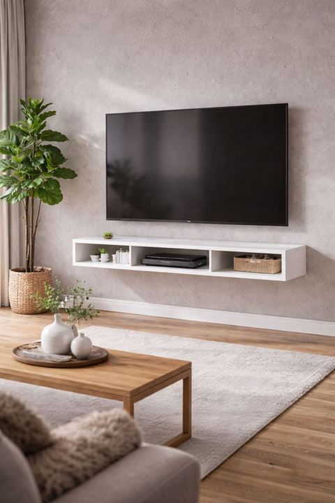 Dekoratif Raflı Duvar Tv Ünitesi  Üç Bölmeli Beyaz