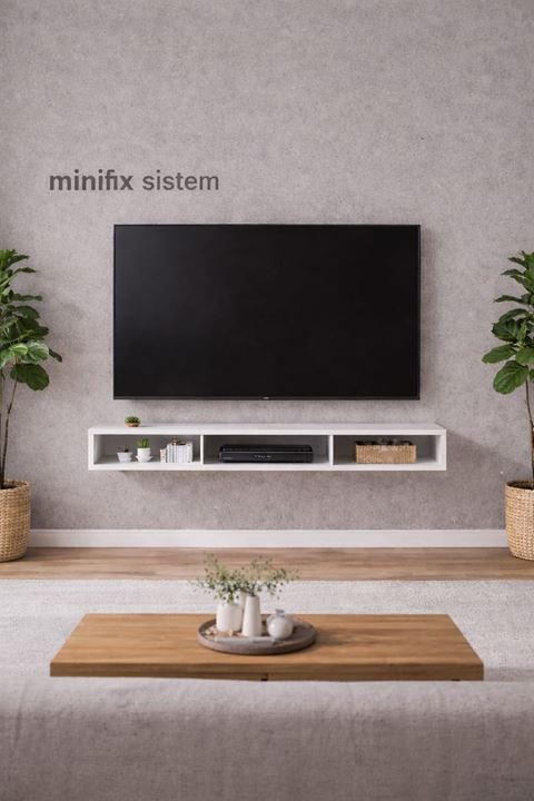 Dekoratif Raflı Duvar Tv Ünitesi  Üç Bölmeli Beyaz