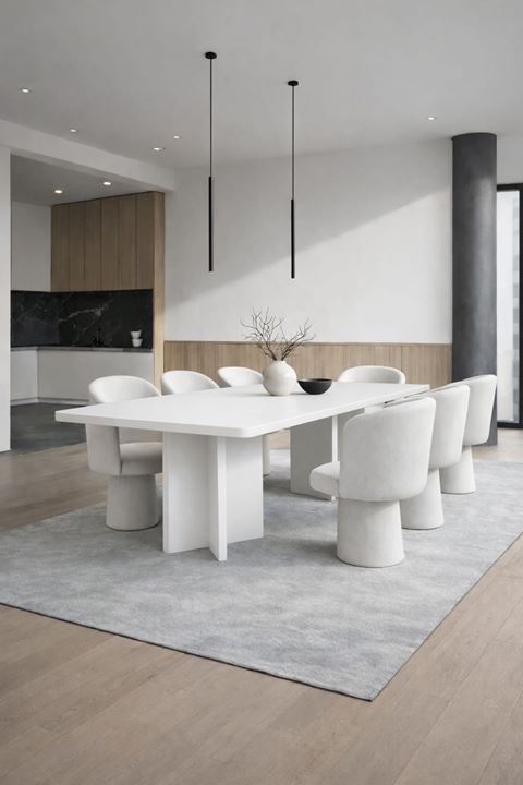 Dikdörtgen Salon Yemek Masası Kare Ayak 36mm Kalın Kenarlı 180x90-Beyaz