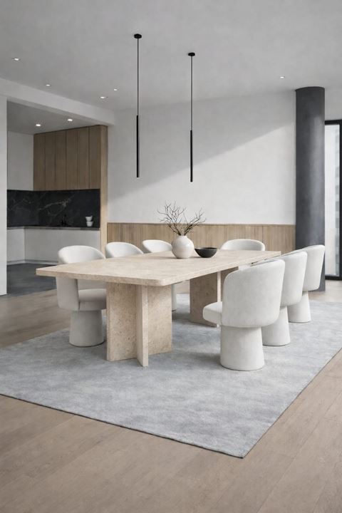 Dikdörtgen Salon Yemek Masası Kare Ayak 36mm Kalın Kenarlı 180x90-Traverten